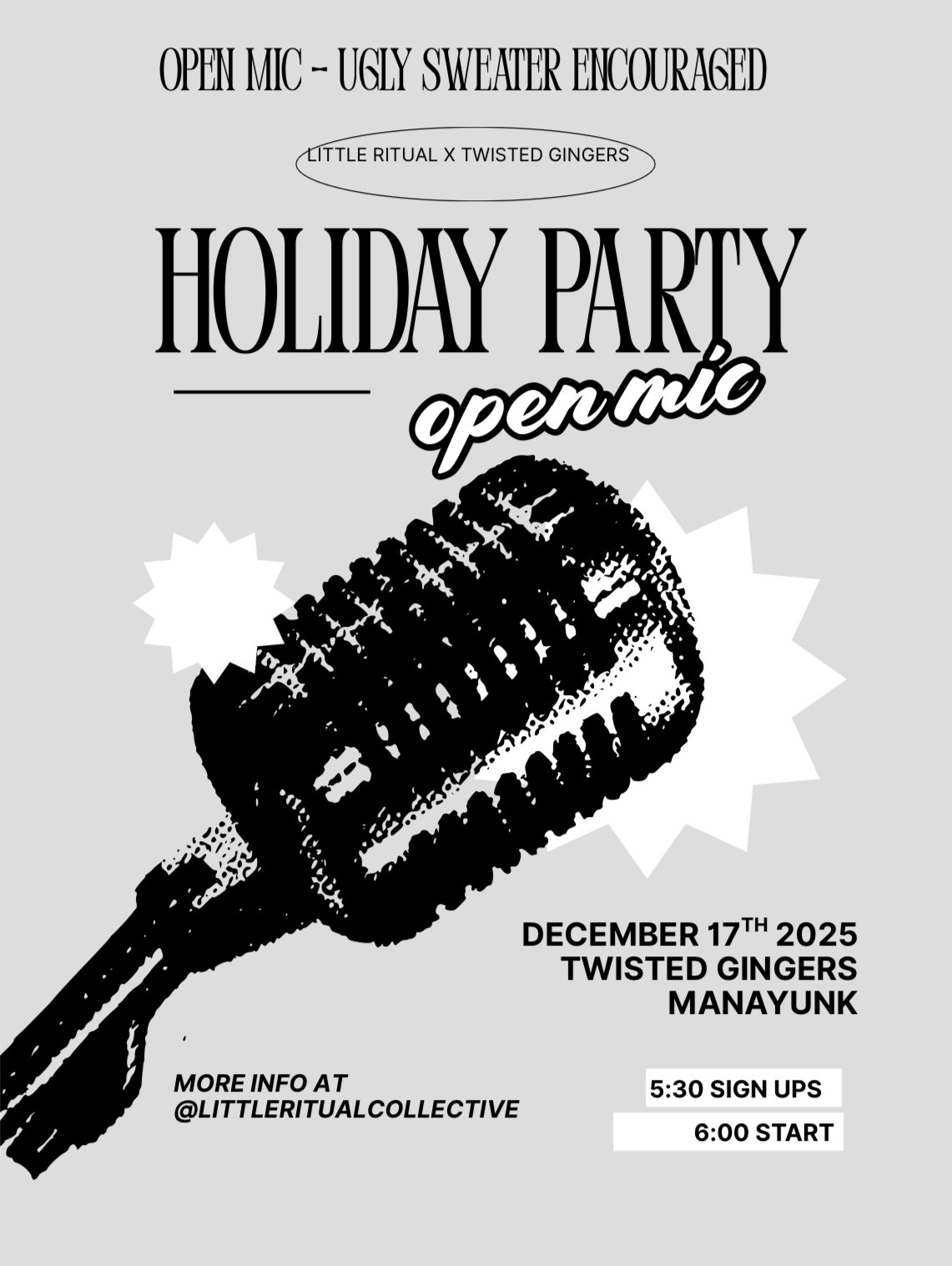 Flyer for a holiday party open mic, ugly sweaters encouraged