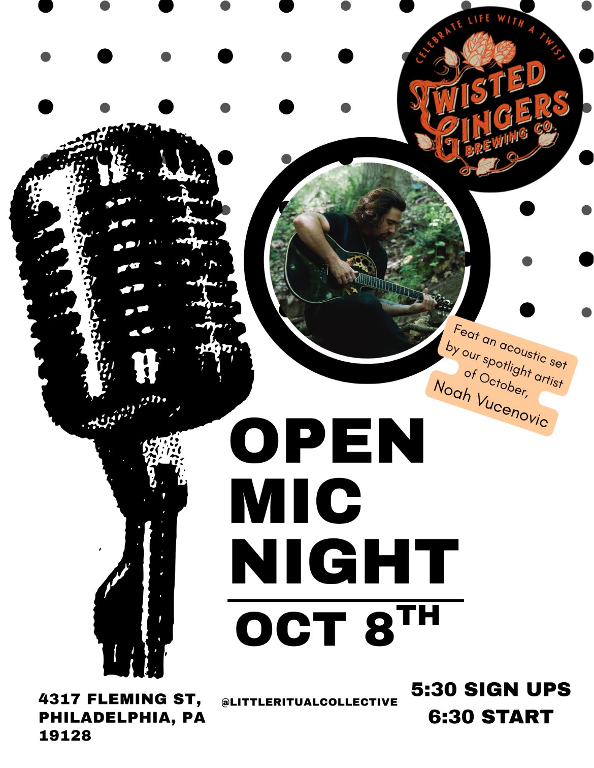 Flyer for an October open mic night at Twisted Gingers Brewing Co.